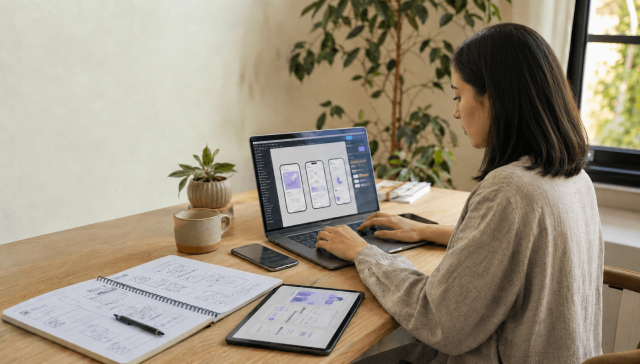 UX/UI designer working on a laptop with interface designs in a home studio