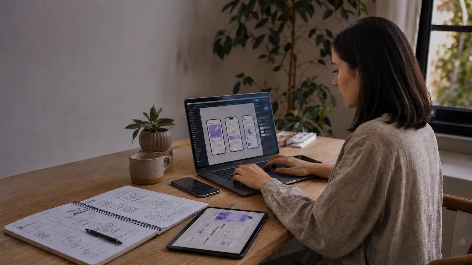 UX/UI designer working with interface designs across a laptop, tablet and notebook