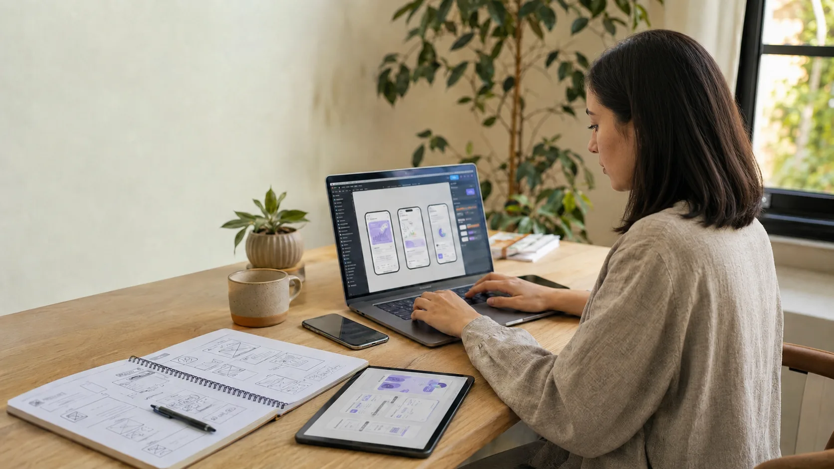 UX/UI designer working on a laptop with interface designs in a home studio