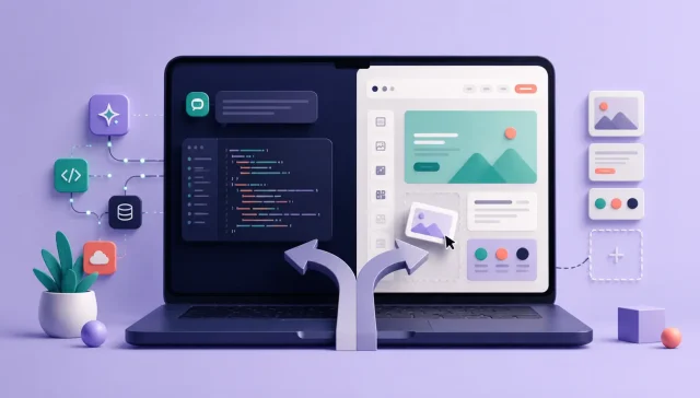 Laptop split between AI-generated code and a visual website builder interface