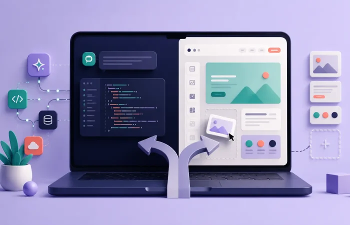 Laptop split between AI-generated code and a visual website builder interface