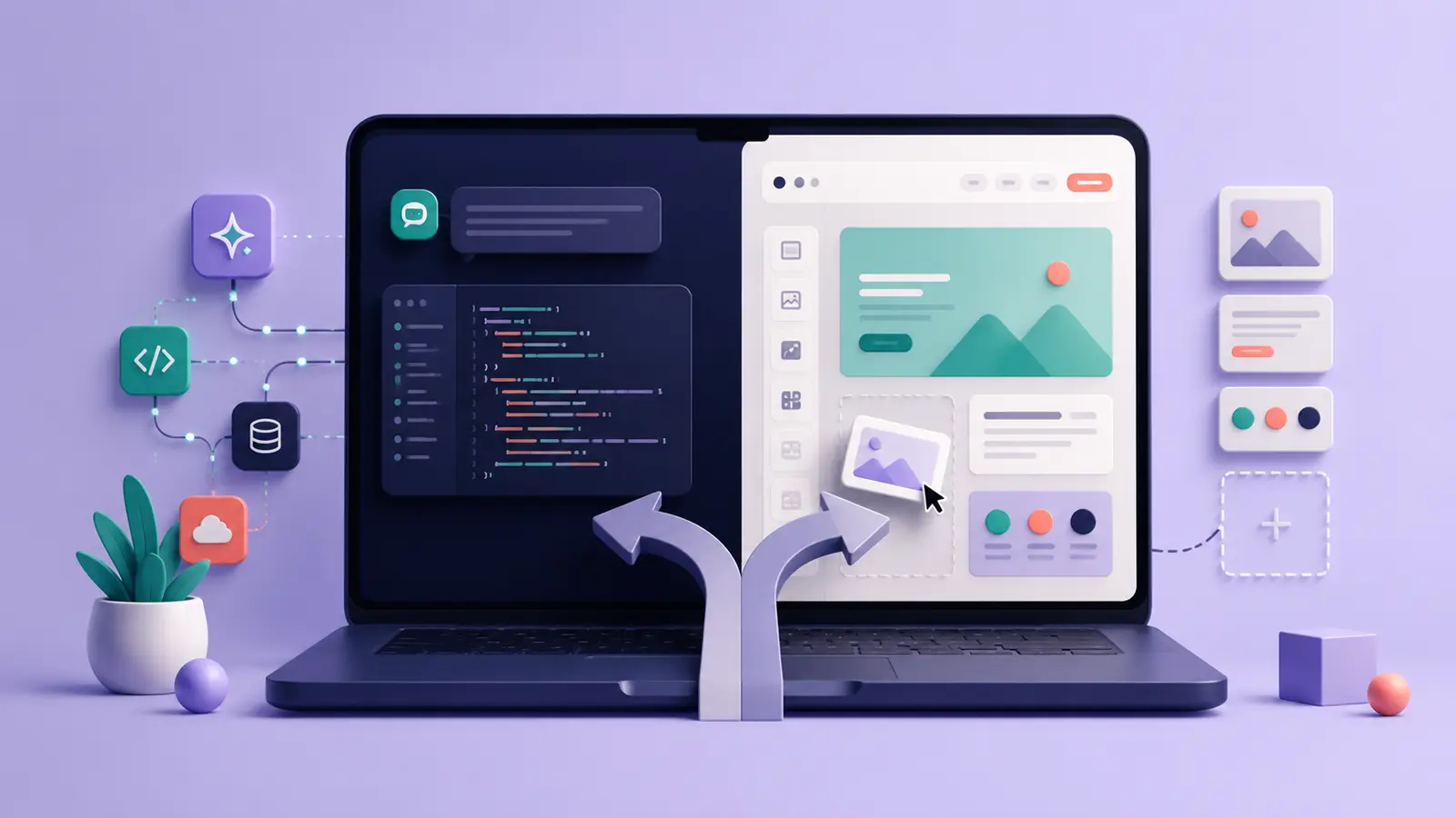 Laptop split between AI-generated code and a visual website builder interface