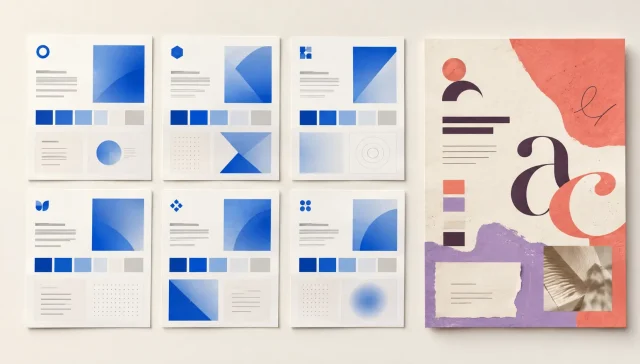 Several similar blue brand boards contrasted with one distinctive coral and lavender visual identity