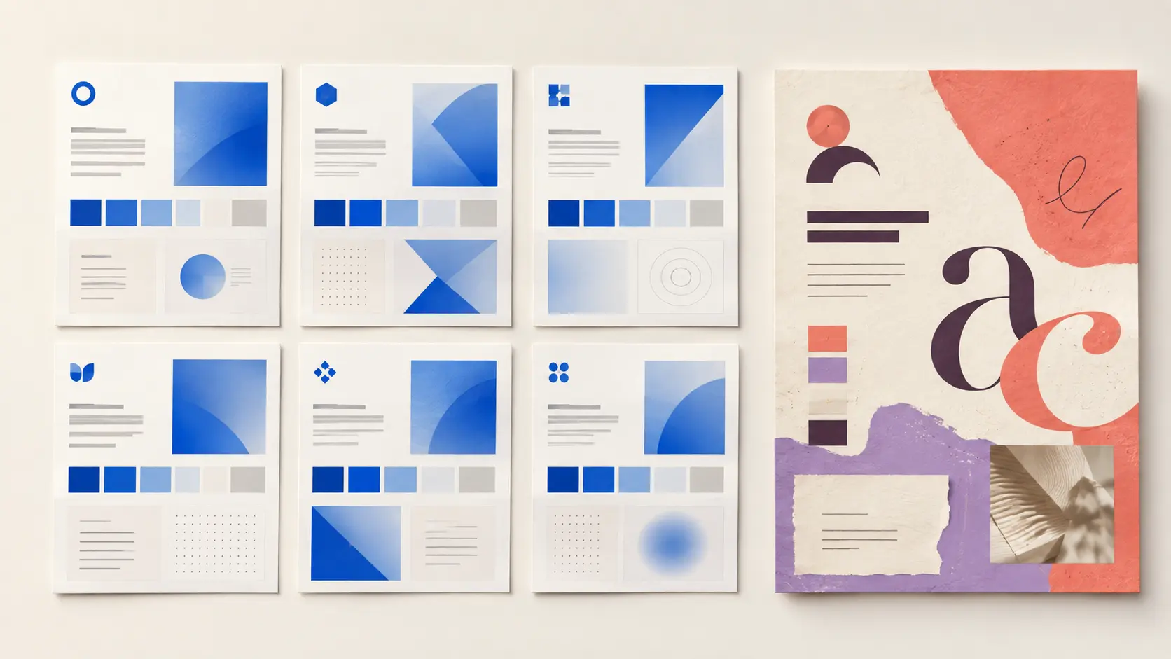 Several similar blue brand boards contrasted with one distinctive coral and lavender visual identity
