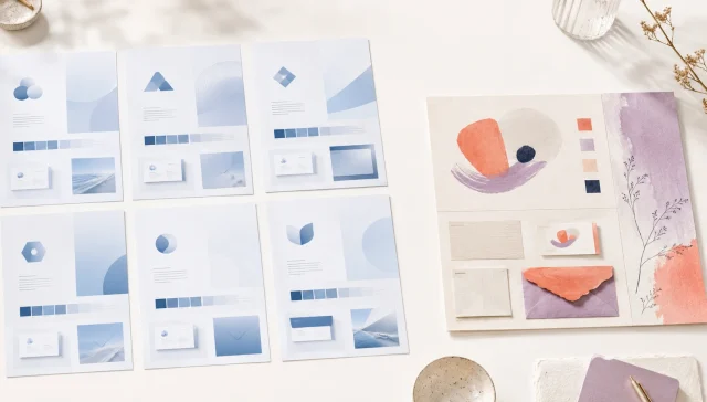 Several similar blue brand boards contrasted with one distinctive coral and lavender visual identity