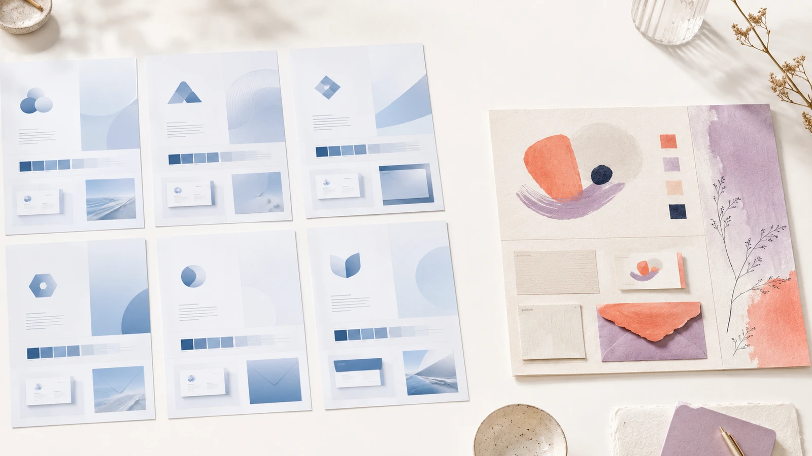 Several similar blue brand boards contrasted with one distinctive coral and lavender visual identity