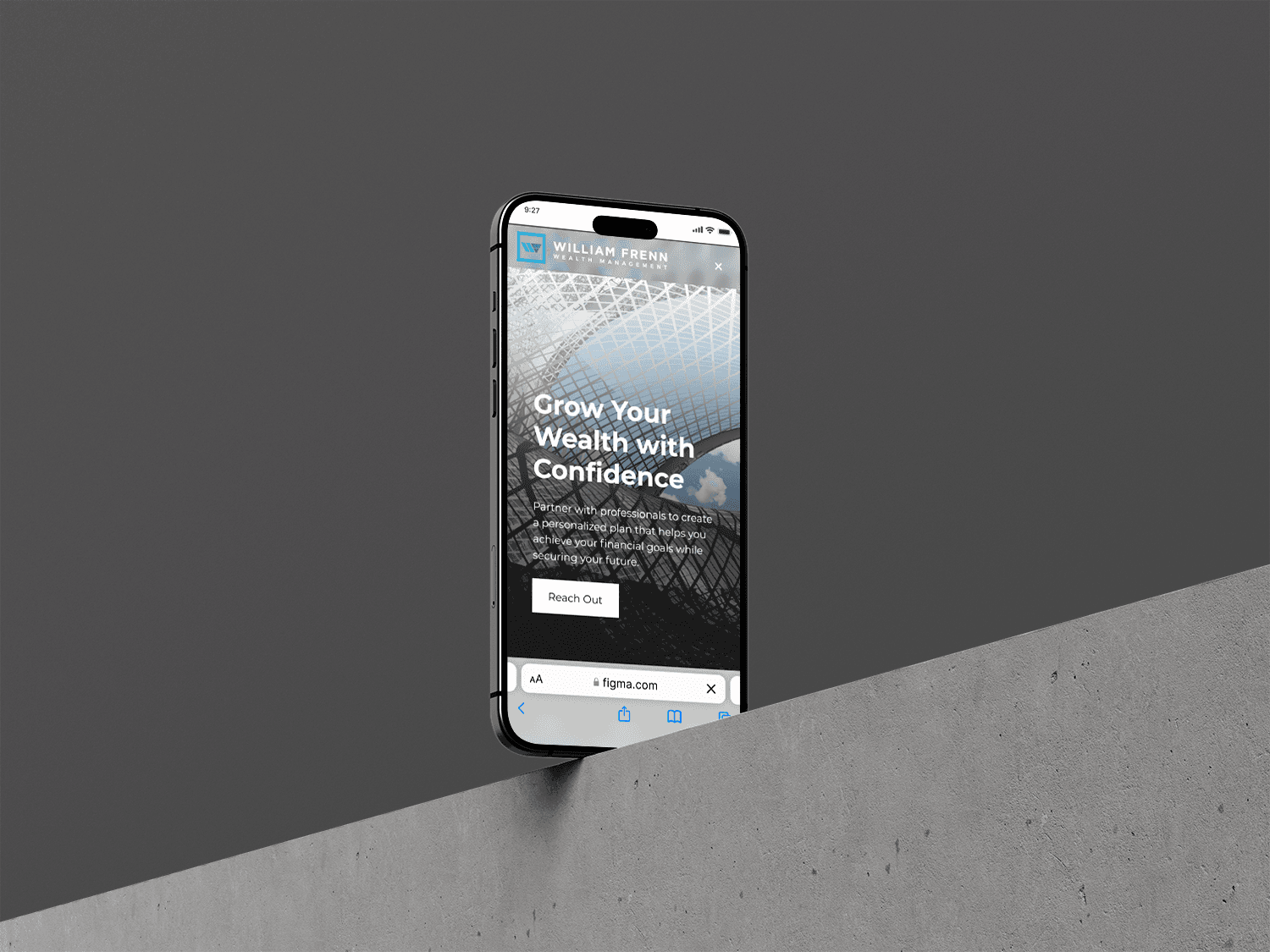 william frenn homepage in iphone mockup standing on brick