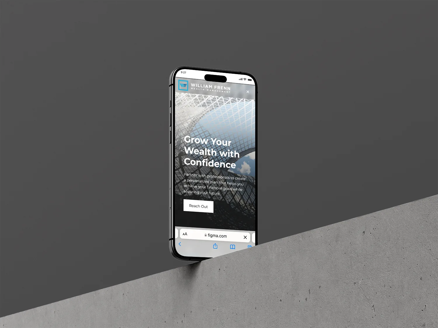 william frenn homepage in iphone mockup standing on brick