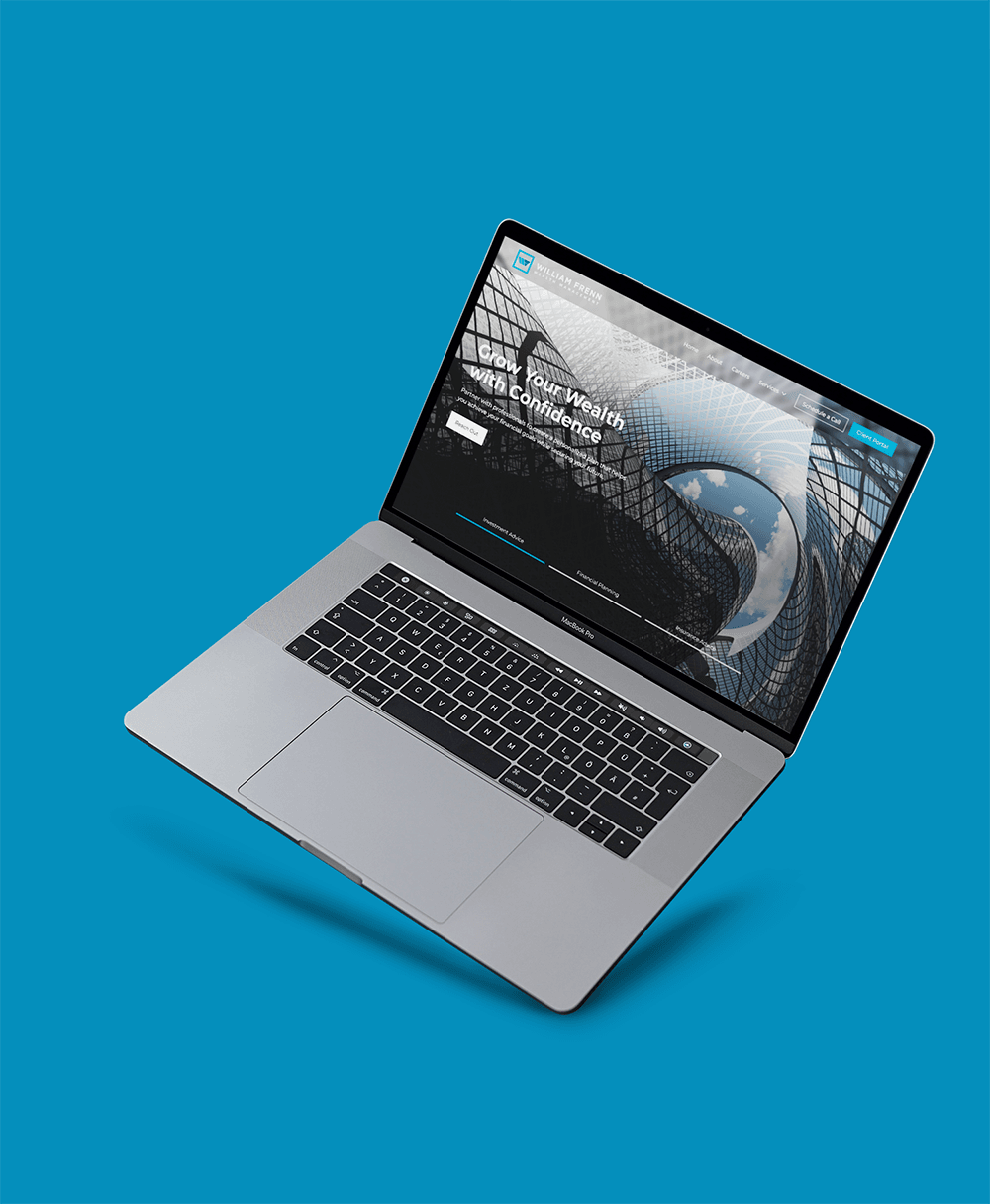 william frenn homepage ui design_on macbook mockup against blue background