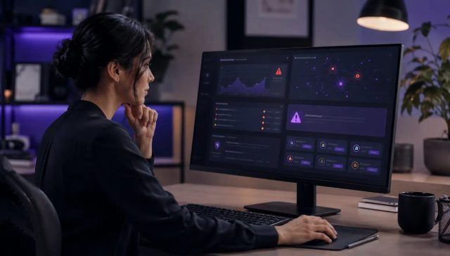 Small-business website manager reviewing security warnings and website maintenance information on a desktop screen.