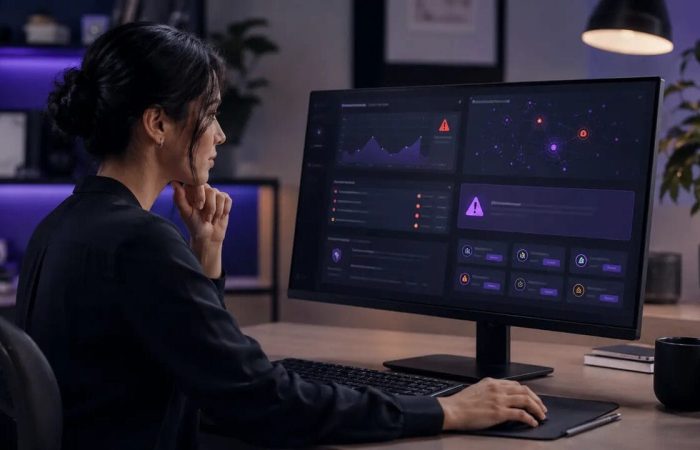 Small-business website manager reviewing security warnings and website maintenance information on a desktop screen.
