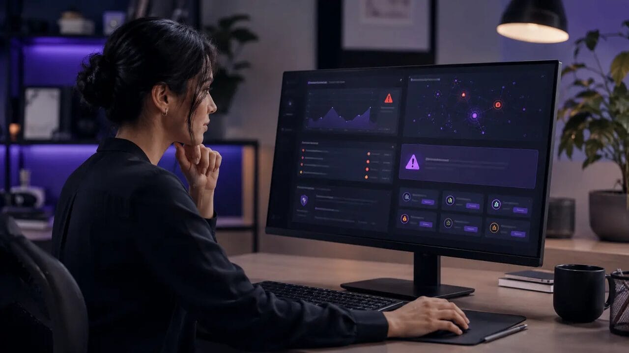 Small-business website manager reviewing security warnings and website maintenance information on a desktop screen.