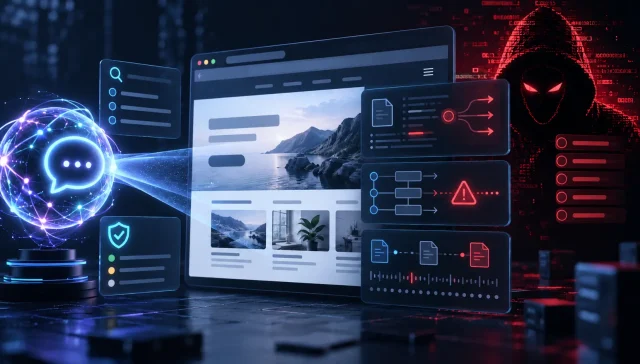 AI agent examining a website while warning indicators and a red hacker symbol appear behind the interface.