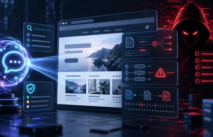 AI agent examining a website while warning indicators and a red hacker symbol appear behind the interface.