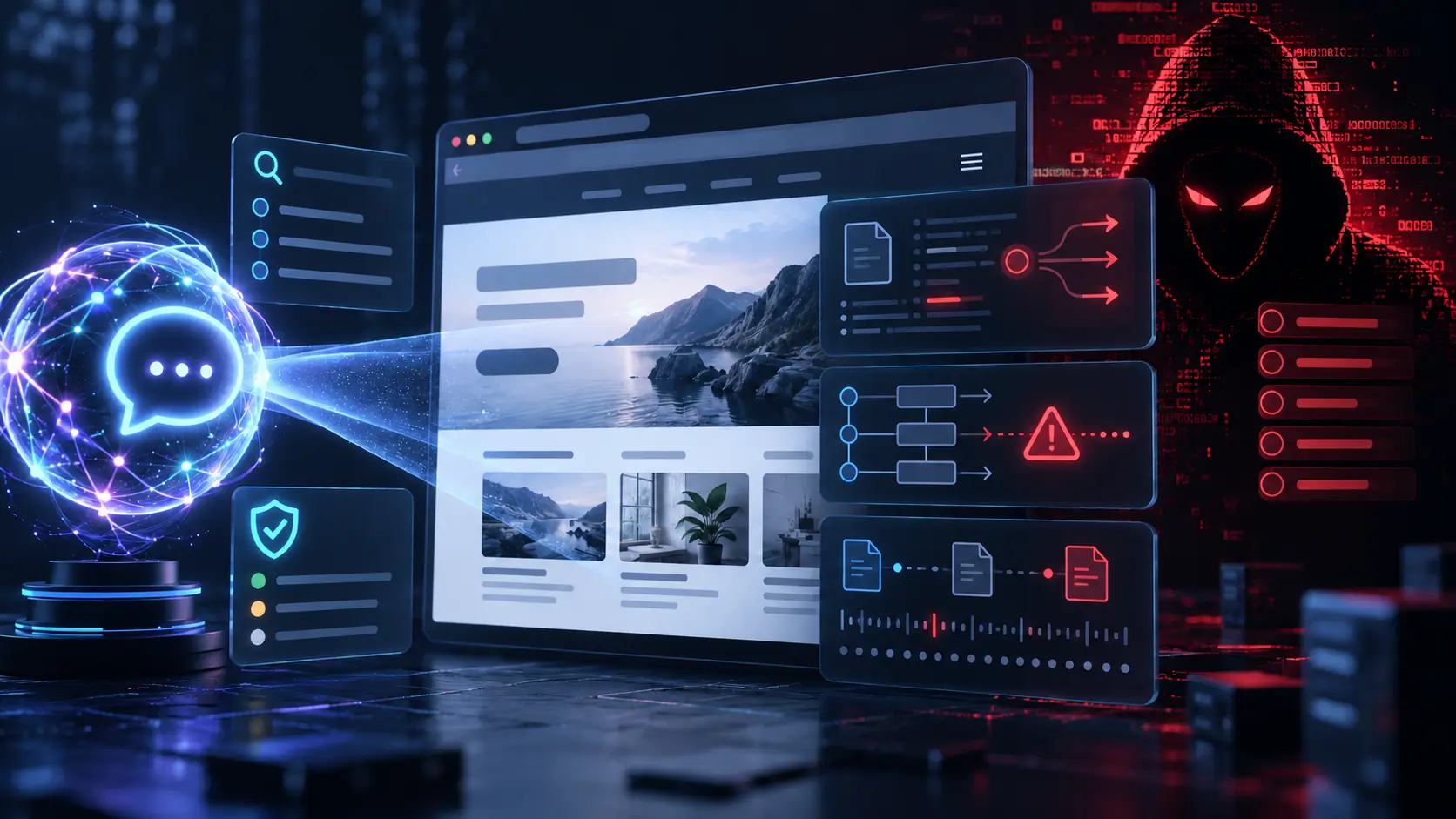 AI agent examining a website while warning indicators and a red hacker symbol appear behind the interface.