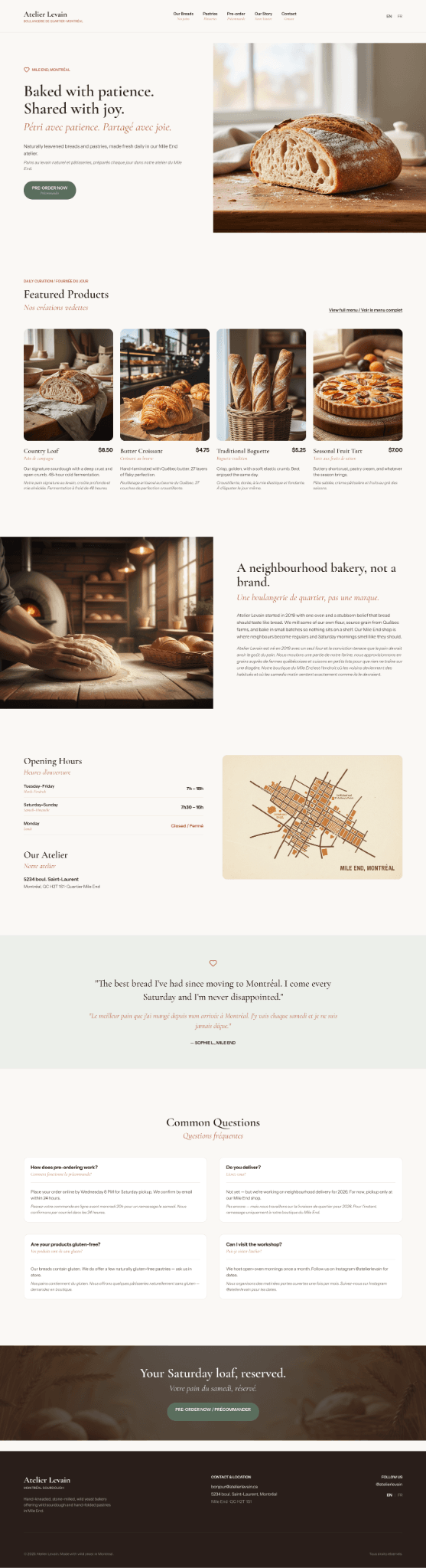 Desktop homepage generated by Figma AI Design Agent for the fictional bilingual Montréal bakery Atelier Levain.