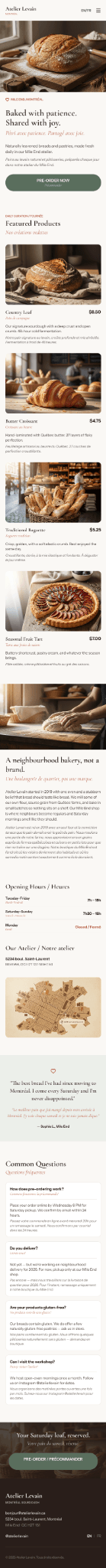 Mobile Atelier Levain homepage generated by Figma AI Design Agent with English and French copy displayed together.