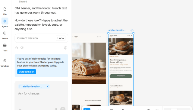 Figma Agent panel showing the bilingual Atelier Levain website design and a Starter-plan daily-credit limit message.