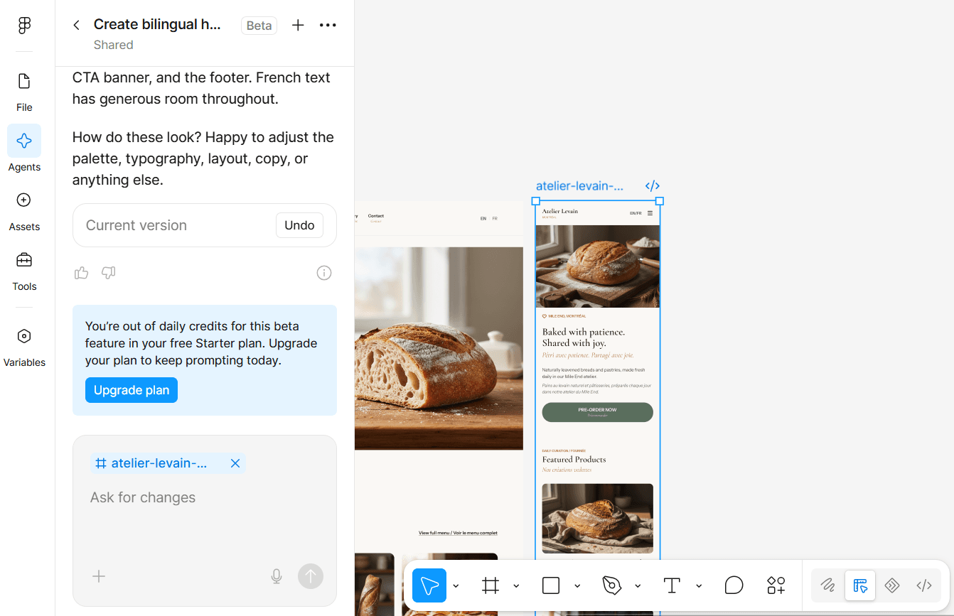 Figma Agent panel showing the bilingual Atelier Levain website design and a Starter-plan daily-credit limit message.