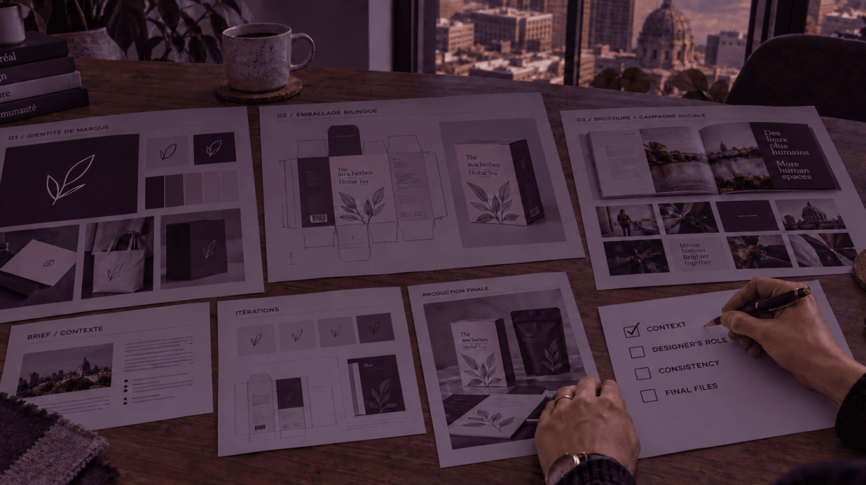 Client reviewing graphic design portfolio case studies before hiring in Montréal