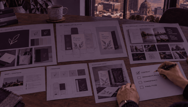Client reviewing graphic design portfolio case studies before hiring in Montréal