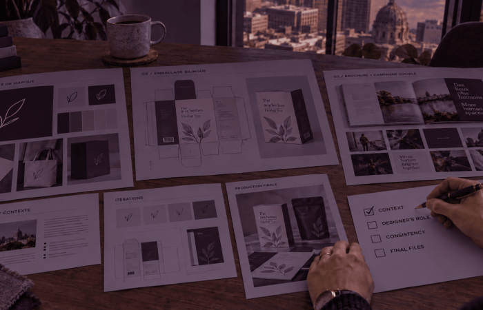 Client reviewing graphic design portfolio case studies before hiring in Montréal