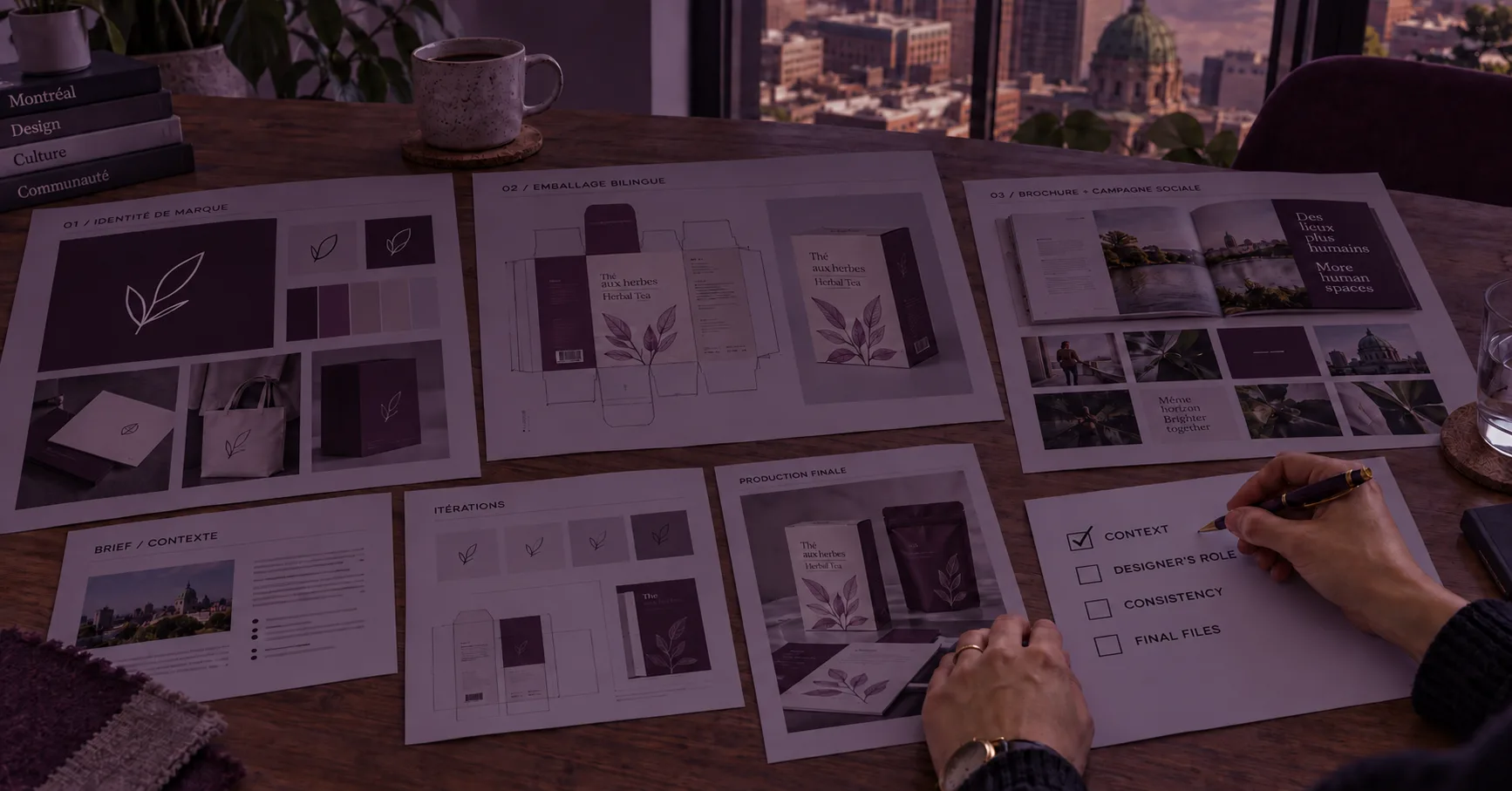 Client reviewing graphic design portfolio case studies before hiring in Montréal