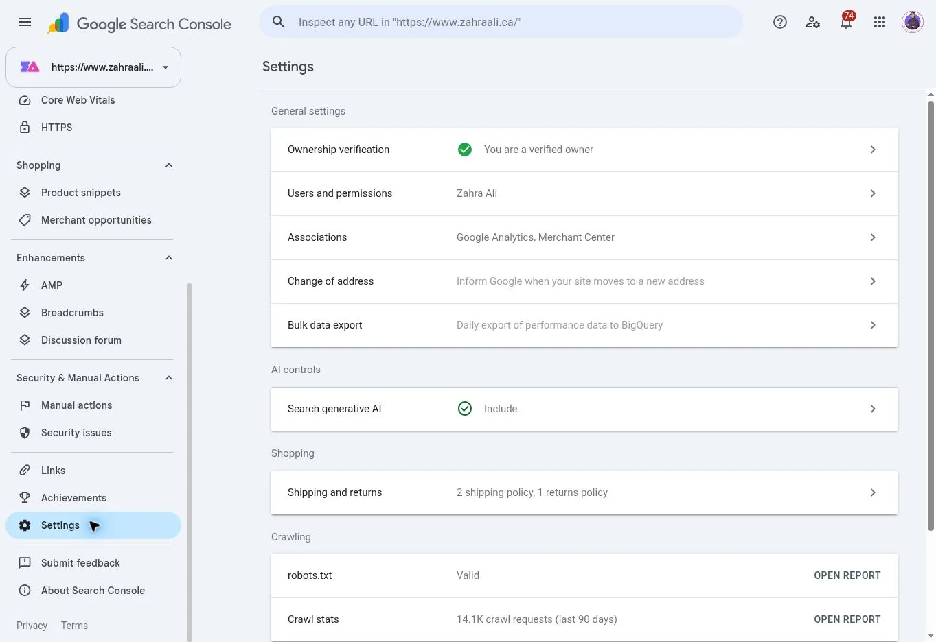 Search Console settings showing Zahra Ali as the verified property owner.
